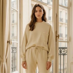 NAP Loungewear Drawstring Cotton Track Sweatshirt in Cream Oversized Size Small